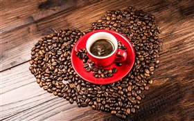 愛の心コーヒー豆、穀物、赤のカップ、ソーサー HDの壁紙