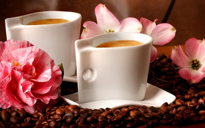 2つのカップコーヒー、香り、コーヒー豆、花 壁紙 ピクチャー