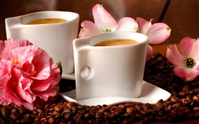 2つのカップコーヒー、香り、コーヒー豆、花 HDの壁紙