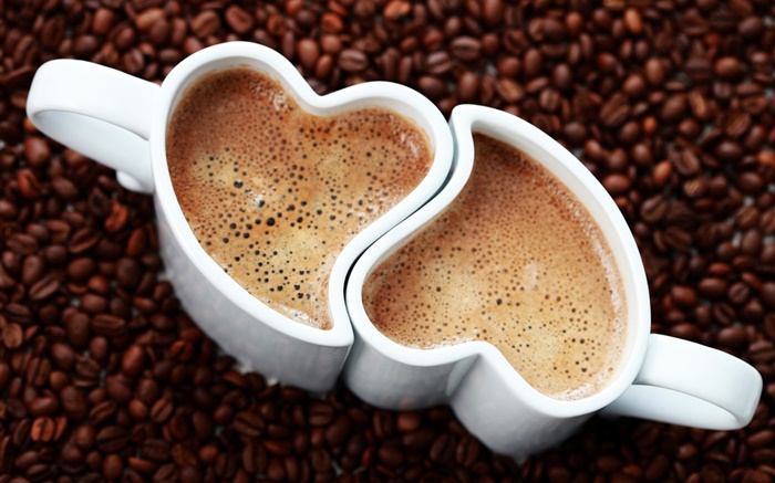2つのカップコーヒー、愛の心、泡、飲料 壁紙 ピクチャー