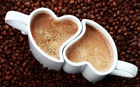 2つのカップコーヒー、愛の心、泡、飲料 HDの壁紙