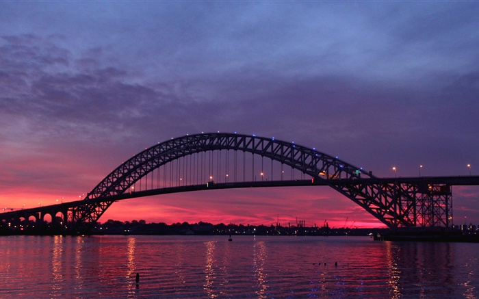 アメリカ、ニュージャージー州、バイヨンヌ橋、川、夕日、夕暮れ 壁紙 ピクチャー