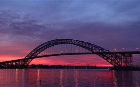 アメリカ、ニュージャージー州、バイヨンヌ橋、川、夕日、夕暮れ HDの壁紙