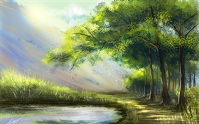 美しい絵画、森、湖、木 HDの壁紙