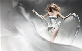天使のようなブロンドの女の子、白いドレス、風、 HDの壁紙