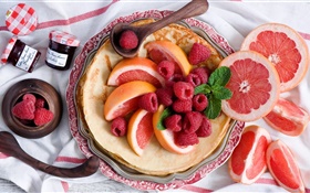 朝食、パンケーキ、グレープフルーツのスライス、赤、ラズベリー HDの壁紙