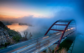 橋、川、霧、木、雲、夜明け HDの壁紙