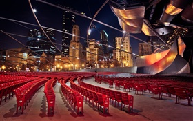 シカゴ、イリノイ、アメリカ、ビル、高層ビル、椅子、夜 HDの壁紙