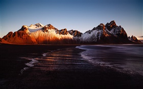 アイスランド、Stokksnes、山、海、日没 HDの壁紙