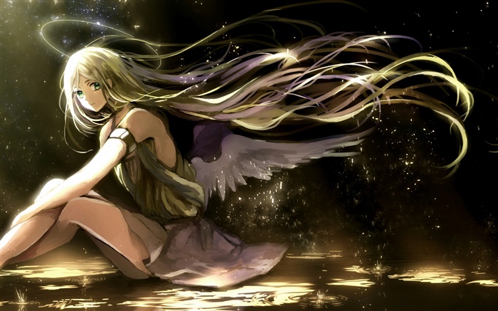 長い髪のアニメの女の子、翼、天使、光ハロー 壁紙 ピクチャー
