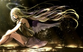 長い髪のアニメの女の子、翼、天使、光ハロー