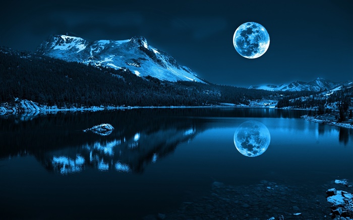 夜、月、湖、山、反射、石 壁紙 ピクチャー