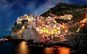 アマルフィ、イタリア、夜、海岸、都市、岩、家、ライト、ボート