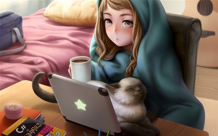 アニメの女の子の使用のノートパソコン、部屋、猫、茶 壁紙 ピクチャー