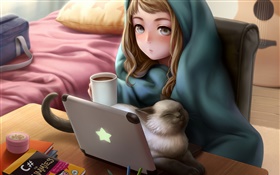 アニメの女の子の使用のノートパソコン、部屋、猫、茶 HDの壁紙