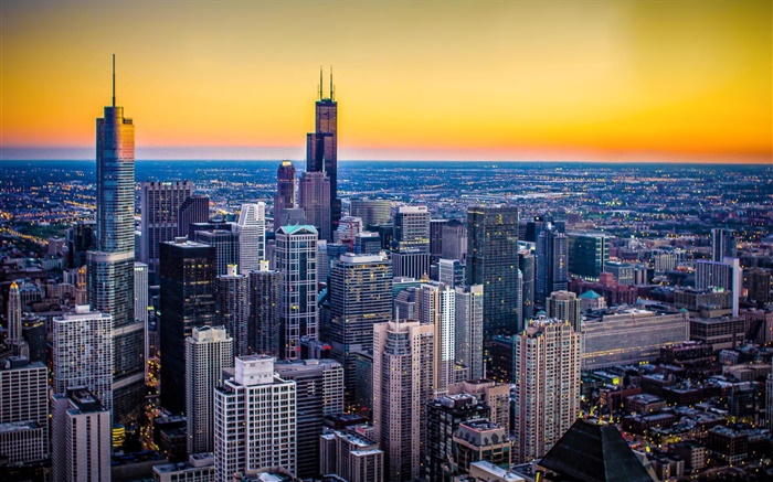 シカゴ、イリノイ州、アメリカ、市、夕暮れ、高層ビル、日没 壁紙 ピクチャー