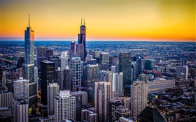 シカゴ、イリノイ州、アメリカ、市、夕暮れ、高層ビル、日没 HDの壁紙