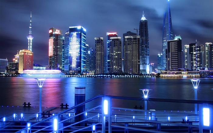 中国、上海、都市の夜、高層ビル、ライト、川 壁紙 ピクチャー