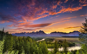 グランドティトン国立公園、アメリカ、山、川、木、雲、夕日 HDの壁紙