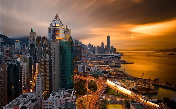 香港、中国、都市の夜、港、空、建物、夜 壁紙 ピクチャー