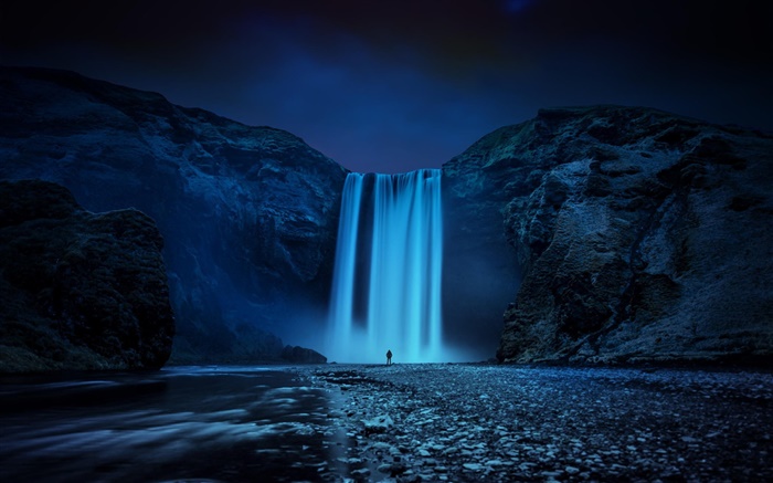 アイスランド、岩、滝、夜 壁紙 ピクチャー