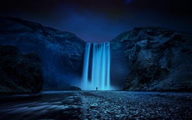 アイスランド、岩、滝、夜