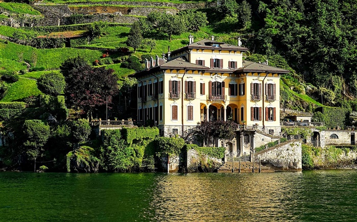 イタリア、コモ湖、家、別荘、丘の中腹 壁紙 ピクチャー