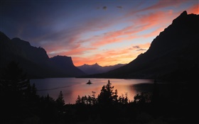 湖、山、木、日の出、朝、夜明け HDの壁紙