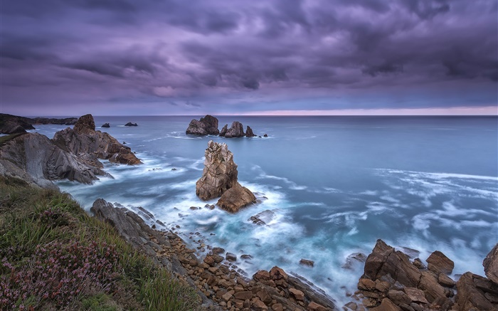 スペイン北部、カンタブリア、海岸、海、岩、雲、夕暮れ 壁紙 ピクチャー