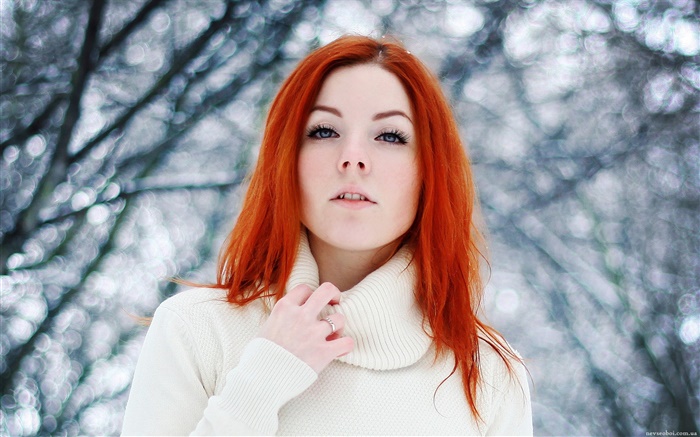 かわいい女の子、赤い髪、冬、雪 壁紙 ピクチャー