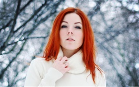 かわいい女の子、赤い髪、冬、雪 HDの壁紙