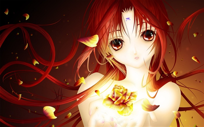 赤い髪のアニメの女の子、バラの花びら 壁紙 ピクチャー