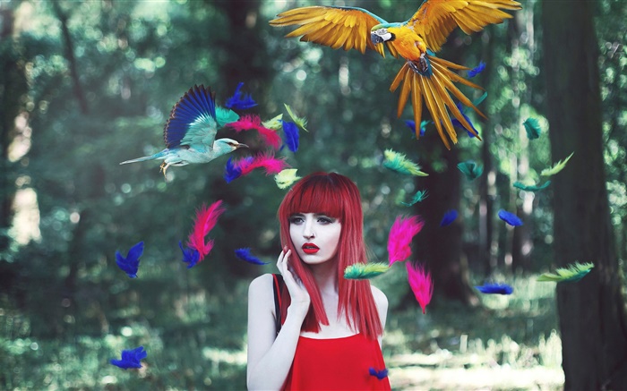 赤い髪の少女、カラフルな羽、鳥、創造的な写真 壁紙 ピクチャー