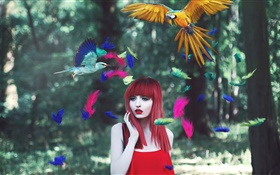 赤い髪の少女、カラフルな羽、鳥、創造的な写真 HDの壁紙