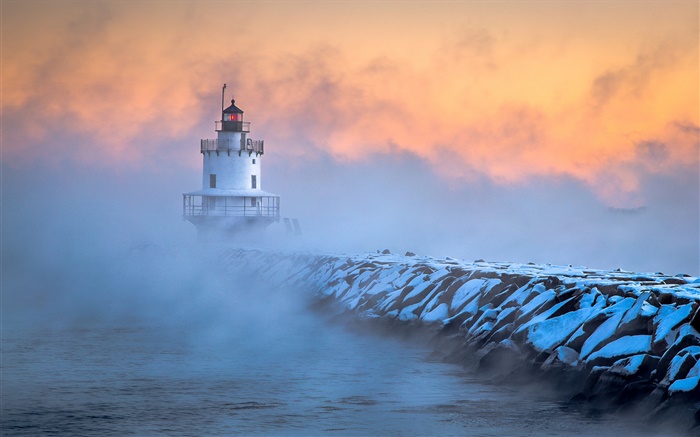 サウスポートランド、メイン州、灯台、霜、夜明け、霧 壁紙 ピクチャー