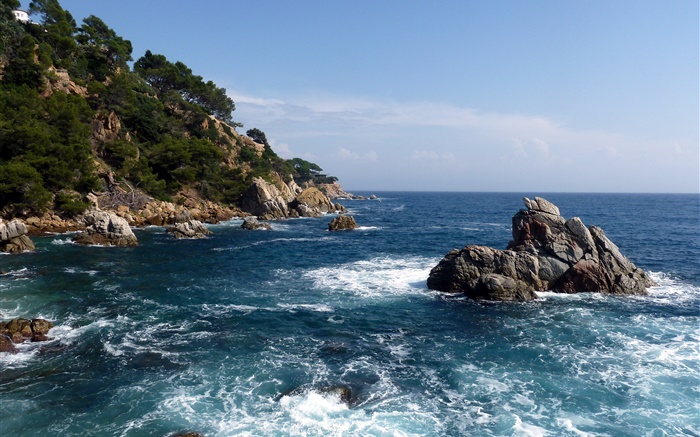 スペイン、海、海岸、岩、自然の風景 壁紙 ピクチャー