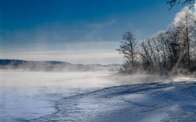 蒸気、霧、湖、木、山、冬、雪 HDの壁紙