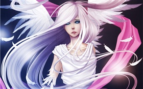 白髪アニメの女の子、天使、羽、羽 HDの壁紙