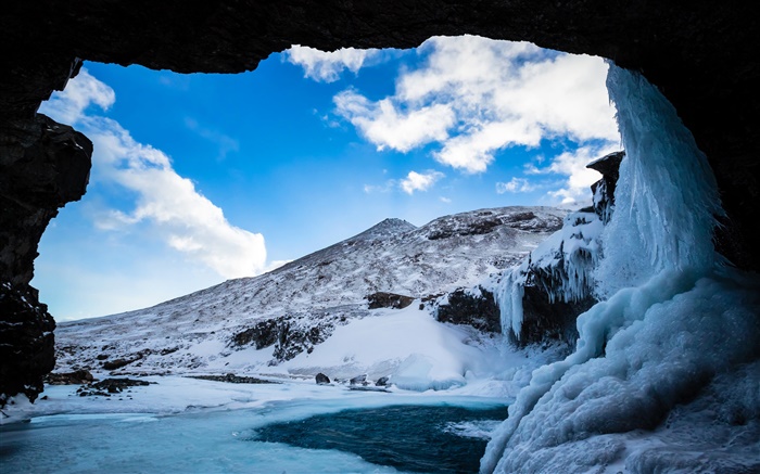 冬、雪、氷、洞窟、山、雲、青空 壁紙 ピクチャー