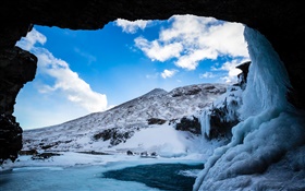 冬、雪、氷、洞窟、山、雲、青空 HDの壁紙