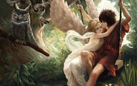 アニメの天使の少女、翼、少年、スイング、フクロウ HDの壁紙