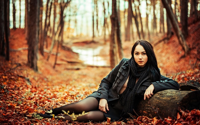 森、秋、黄色の葉に黒い髪の少女 壁紙 ピクチャー