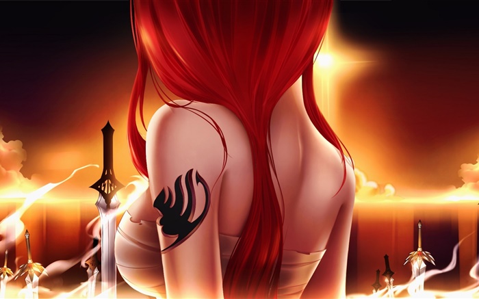 フェアリーテール、アニメの女の子、赤髪、剣、背面図 壁紙 ピクチャー