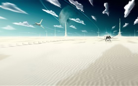 ファンタジーの世界、創造的、雲、惑星、砂漠、飛行機 HDの壁紙