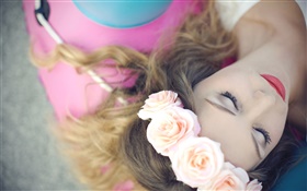女の子の睡眠、花、バラ、花輪 HDの壁紙