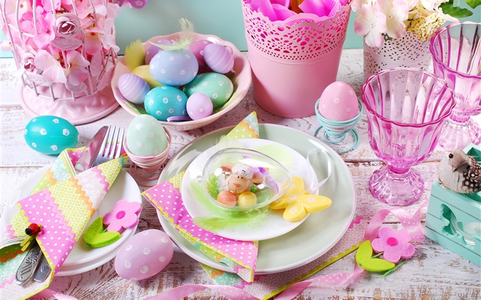 ハッピーイースター、装飾、カラフルな卵、カップ、花、春 壁紙 ピクチャー