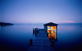 夜、湖、ドック、家、ボート、ライト HDの壁紙