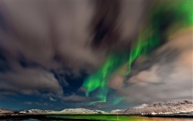 ノルウェー、ノーザンライト、山、空、星、夕暮れ HDの壁紙