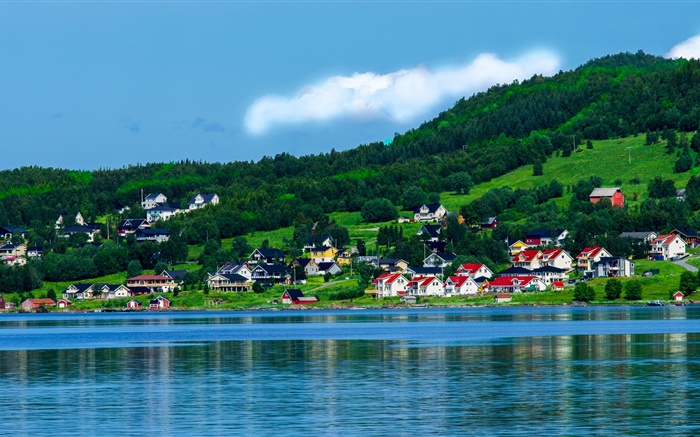 ノルウェー、湾、住宅、木、山、青空、雲 壁紙 ピクチャー