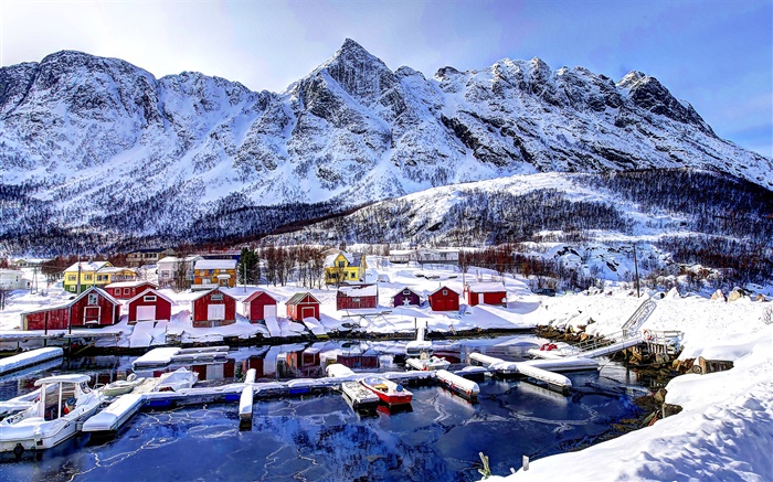 冬、雪、湾、山、住宅、ボートでノルウェー 壁紙 ピクチャー